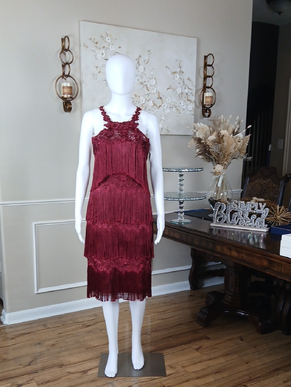 New Women's Fringed Wine Embroidered Cocktail Dress By Marchesa Notte. Size 2 - Picture 8 of 16